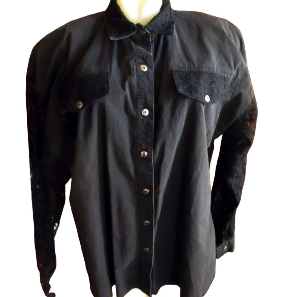 Vintage 1990's Black Cowgirl Top Goth Lace Sleeve Womens Large Western Shirt